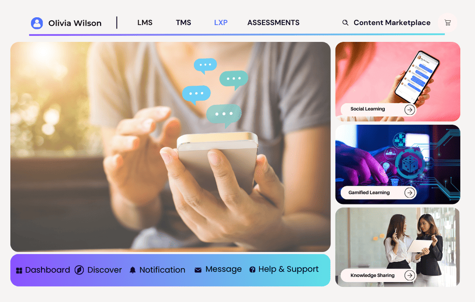 Learning experience interface showcasing learner dashboard with progress indicators, interactive modules, and personalized recommendations