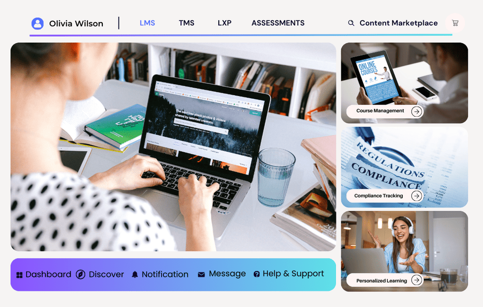 Learning management dashboard showing course progress charts, training modules, and analytics overview