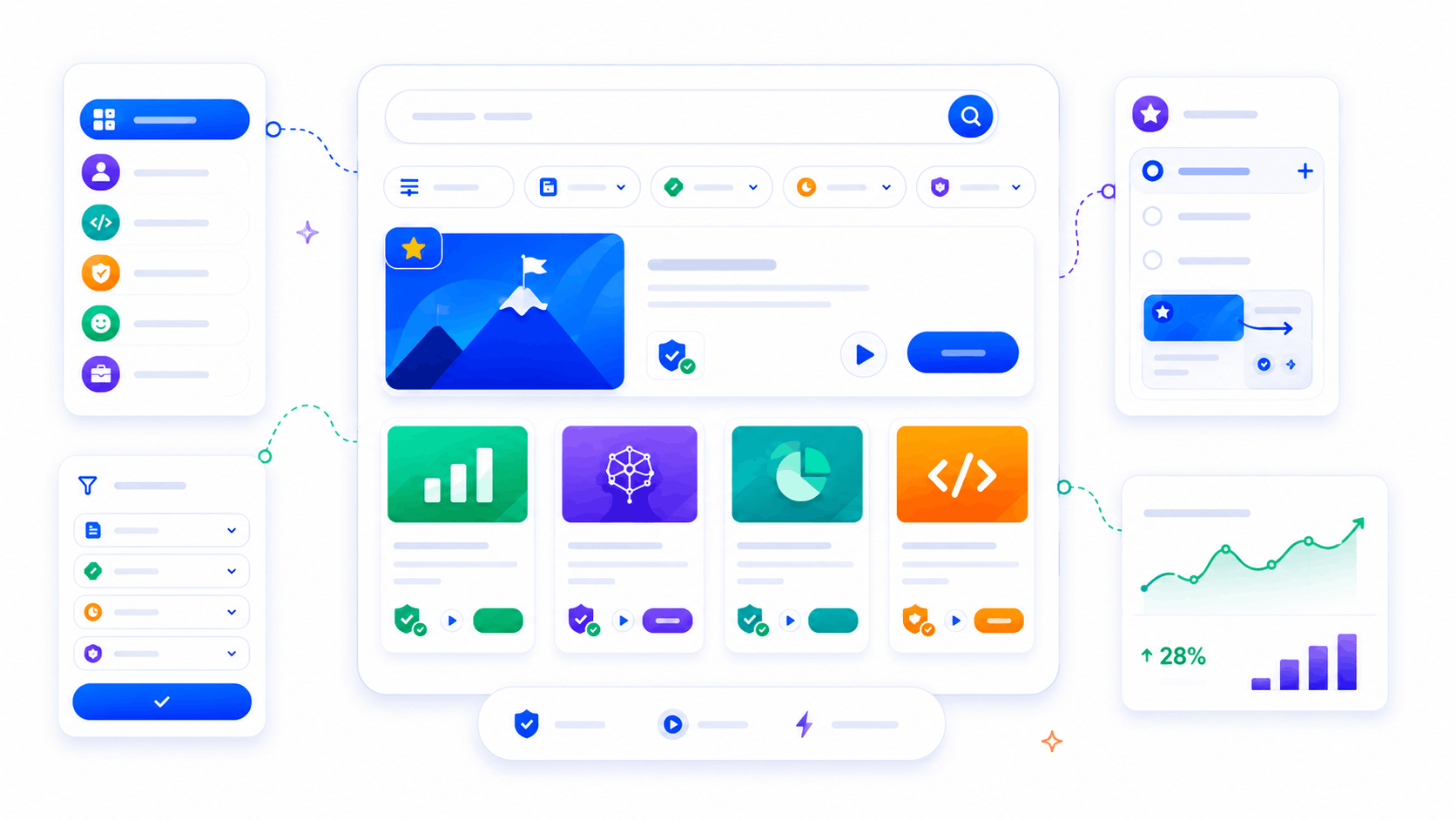 Abstract SimpliTrain course catalog dashboard showing filters, featured courses, certificate badges, previews, and analytics.