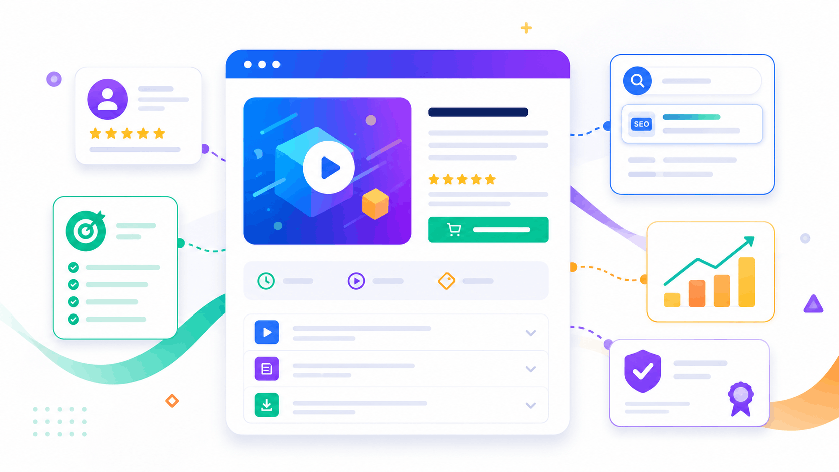 Abstract SimpliTrain course page illustration showing course preview, SEO card, outcomes, pricing CTA, and conversion analytics.