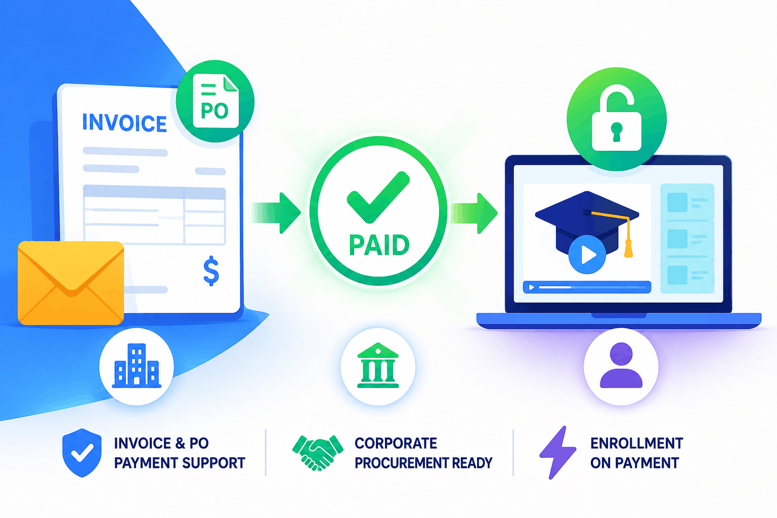 SimpliTrain invoice payment illustration showing invoice and PO support, confirmed payment, and automatic learner enrollment.