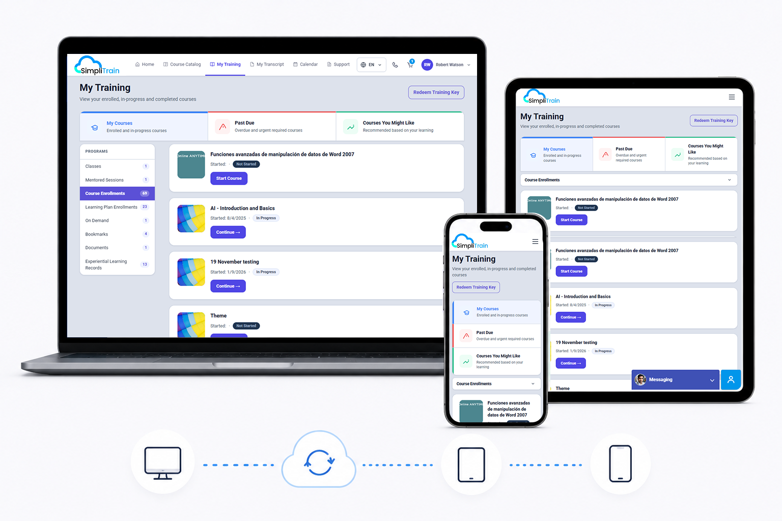 Responsive SimpliTrain learner interface with seamless course access and synced progress across desktop, tablet, and mobile devices.