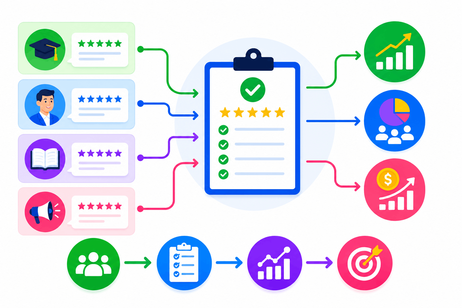 Vector illustration of survey feedback flowing into training analytics, trend reporting, and ROI insights.