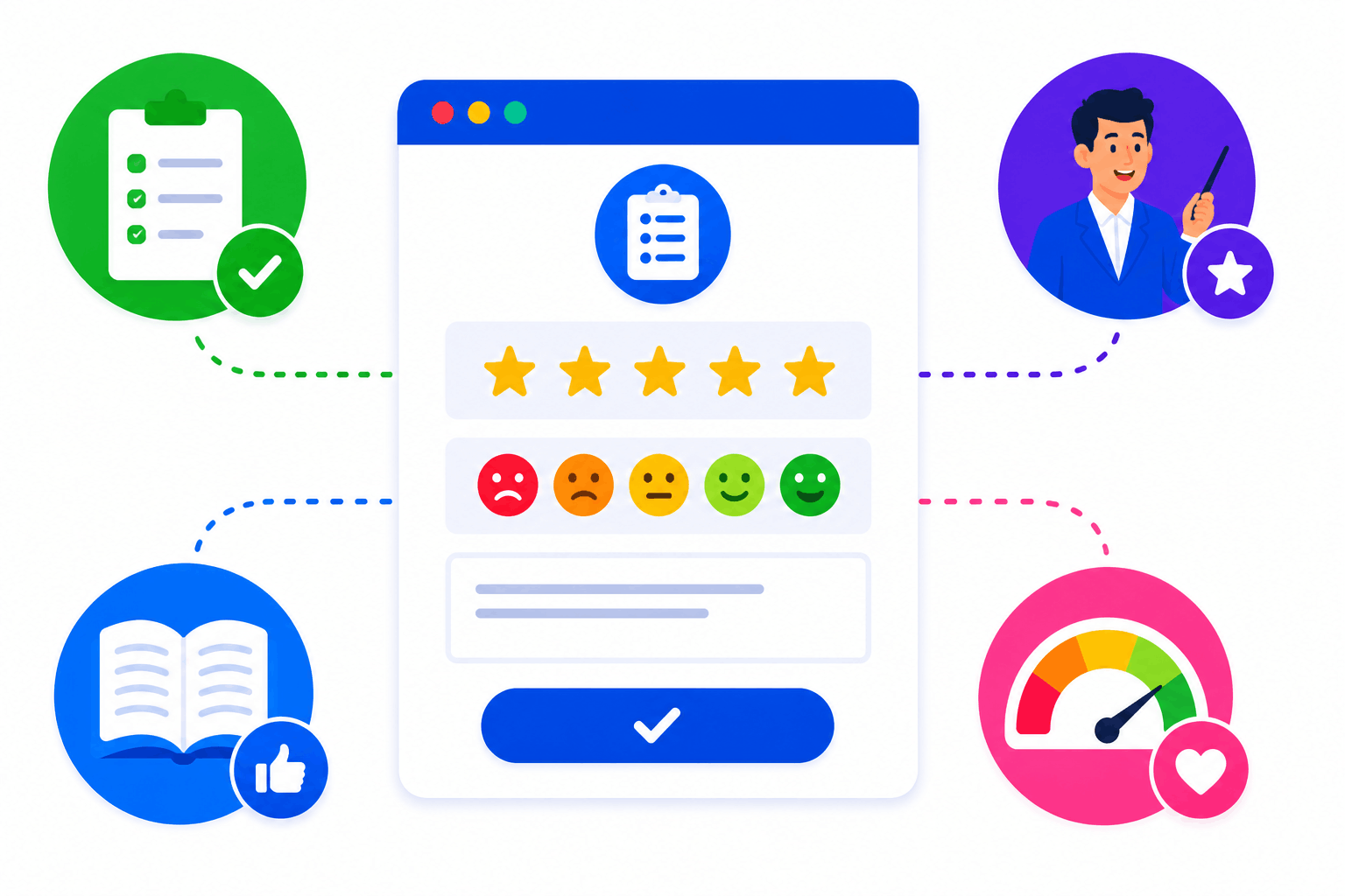 Vector illustration of multiple training survey types for course, instructor, content, and learner feedback.