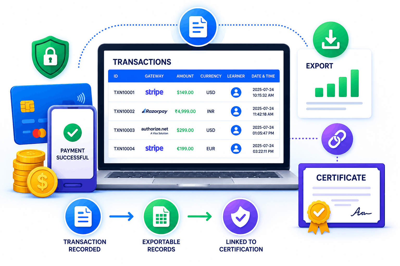 SimpliTrain transaction reporting illustration showing payment records, exportable logs, and certification audit linkage.